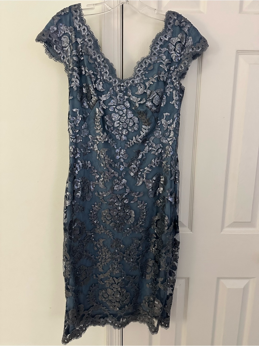 Tadashi Shoji Slate Blue Embellished Lace Midi Dress